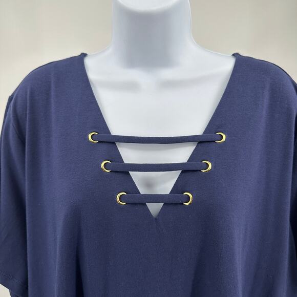 Michael Kors Grommet Lace-Up Tunic Dress Womens 3X Navy Blue Short Sleeve Resort - Picture 4 of 13